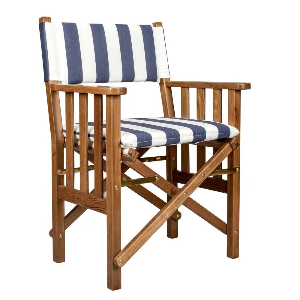 20" Blue and White and Natural Wood Solid Wood Indoor Outdoor Director Chair with Blue and White Cushion - NOBLE HOME INTERIORS