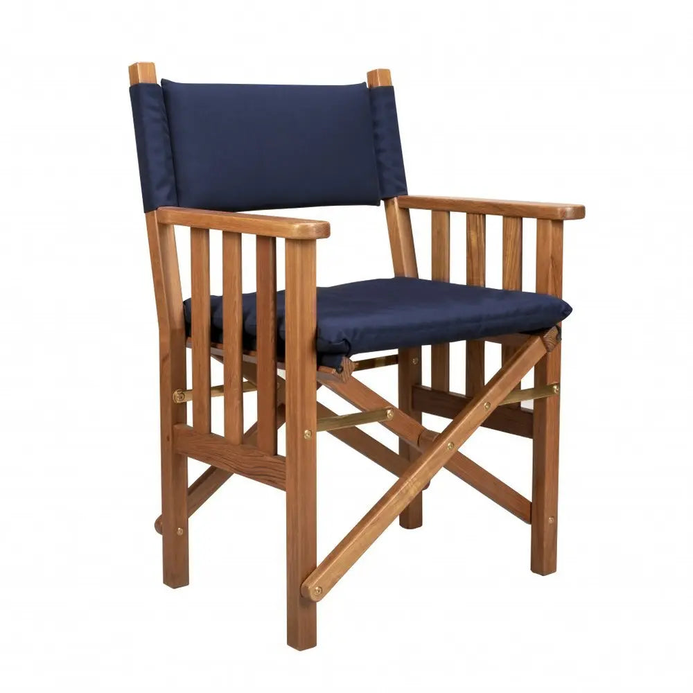 20" Navy Blue and Natural Wood Solid Wood Indoor Outdoor Director Chair with Navy Blue Cushion - NOBLE HOME INTERIORS