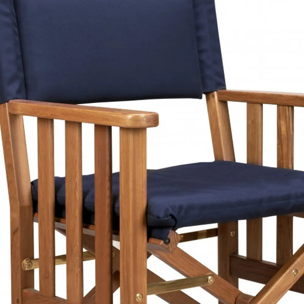 20" Navy Blue and Natural Wood Solid Wood Indoor Outdoor Director Chair with Navy Blue Cushion - NOBLE HOME INTERIORS