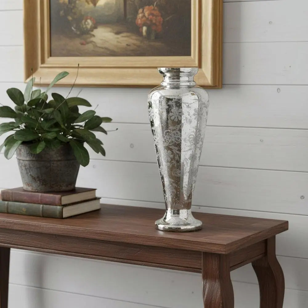 20" Silver Floral Round Glass Table Vase - NOBLE HOME INTERIORS