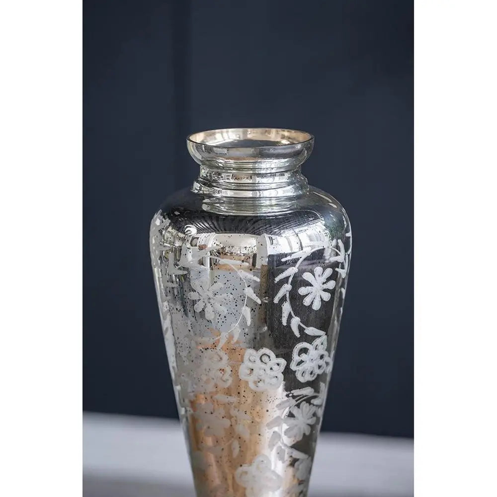 20" Silver Floral Round Glass Table Vase - NOBLE HOME INTERIORS
