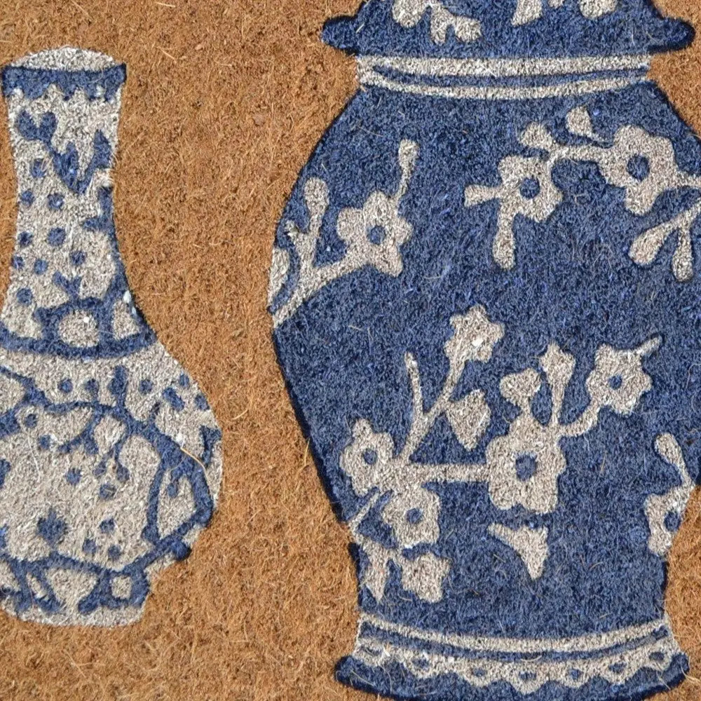 20" X 30" Brown Blue And White Chinoiserie Coir Abstract Outdoor Door Mat - NOBLE HOME INTERIORS