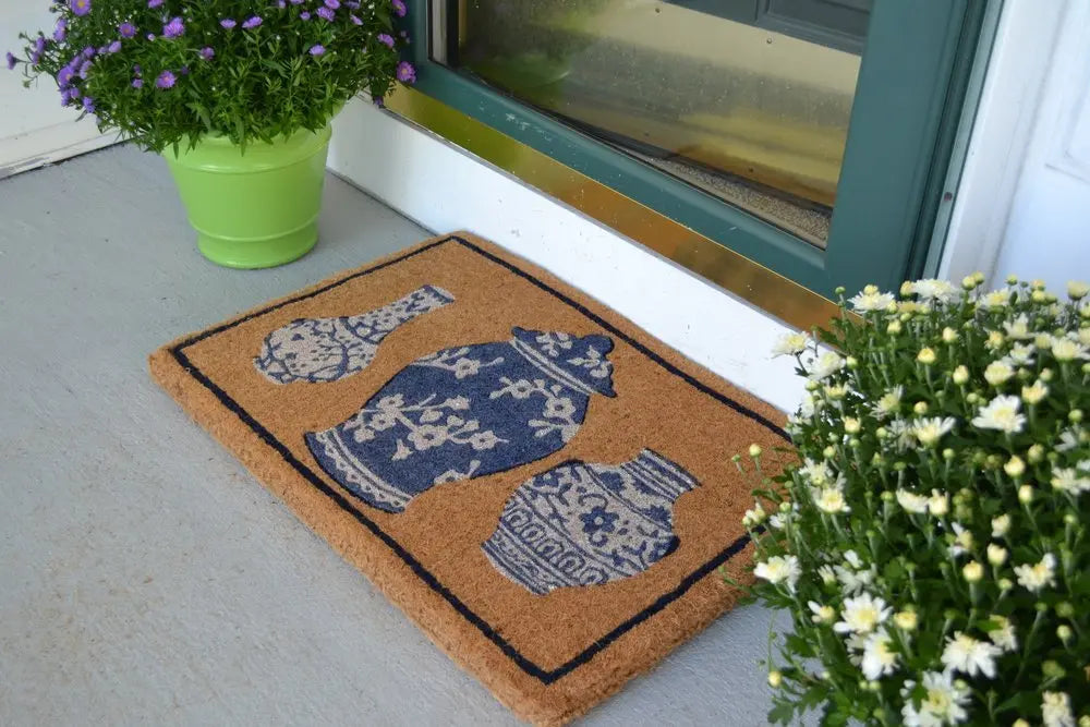 20" X 30" Brown Blue And White Chinoiserie Coir Abstract Outdoor Door Mat - NOBLE HOME INTERIORS