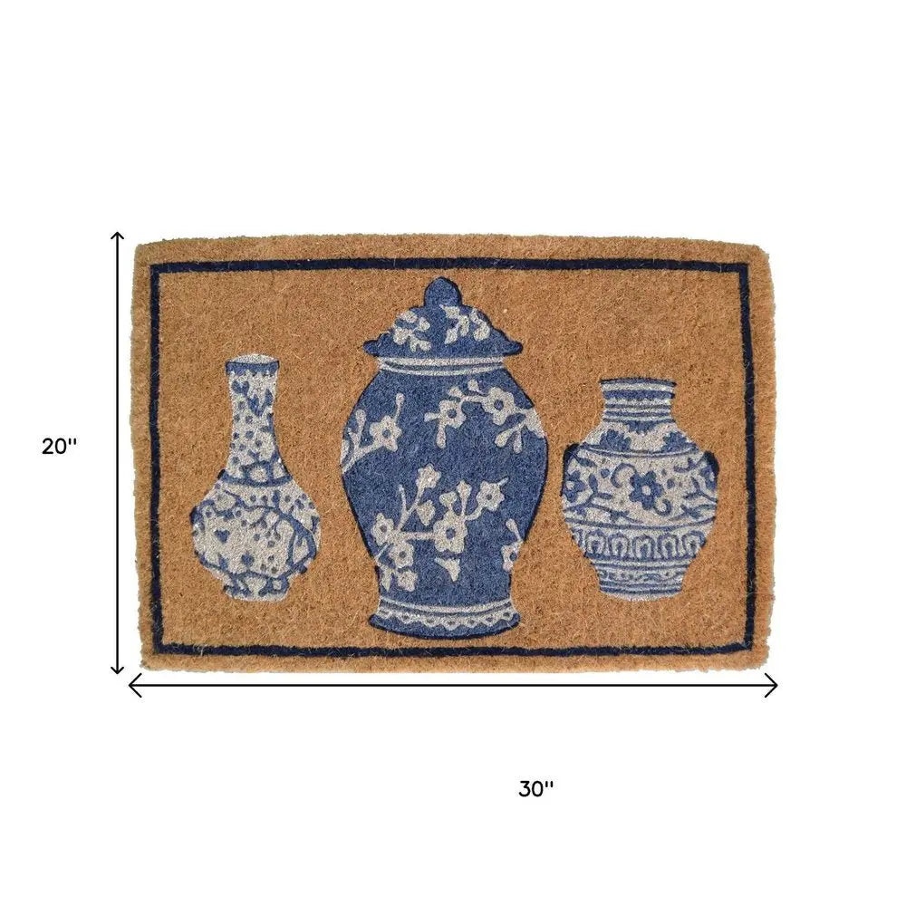 20" X 30" Brown Blue And White Chinoiserie Coir Abstract Outdoor Door Mat - NOBLE HOME INTERIORS