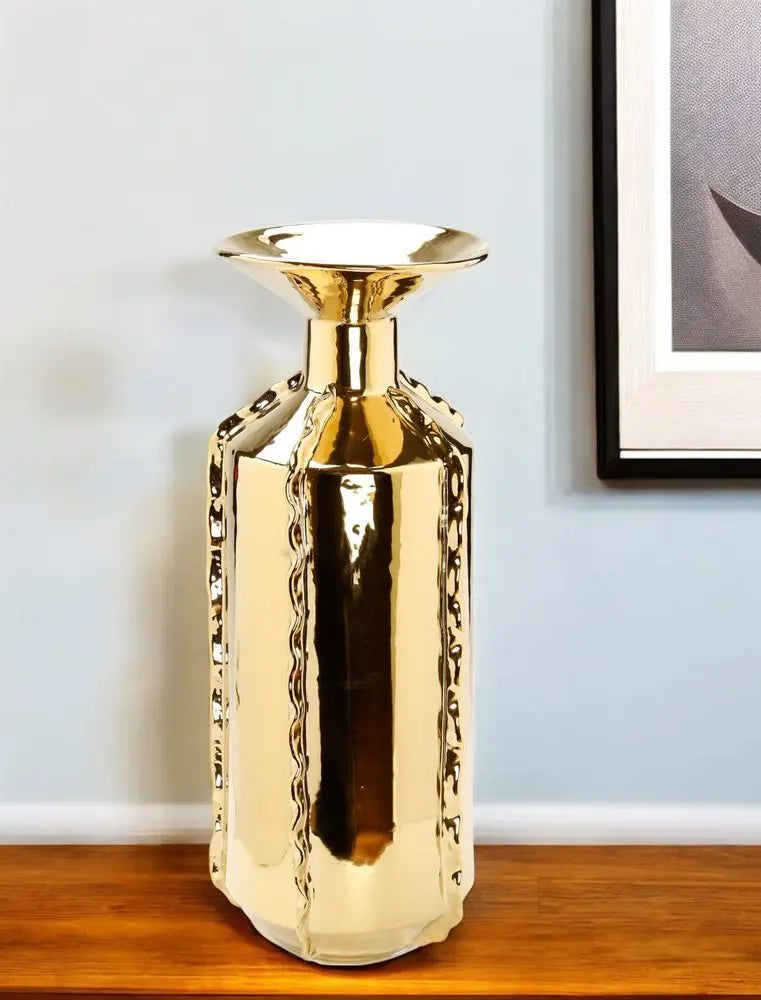21" Gold Trumpet Ceramic Table Vase With Sculptural Details - NOBLE HOME INTERIORS