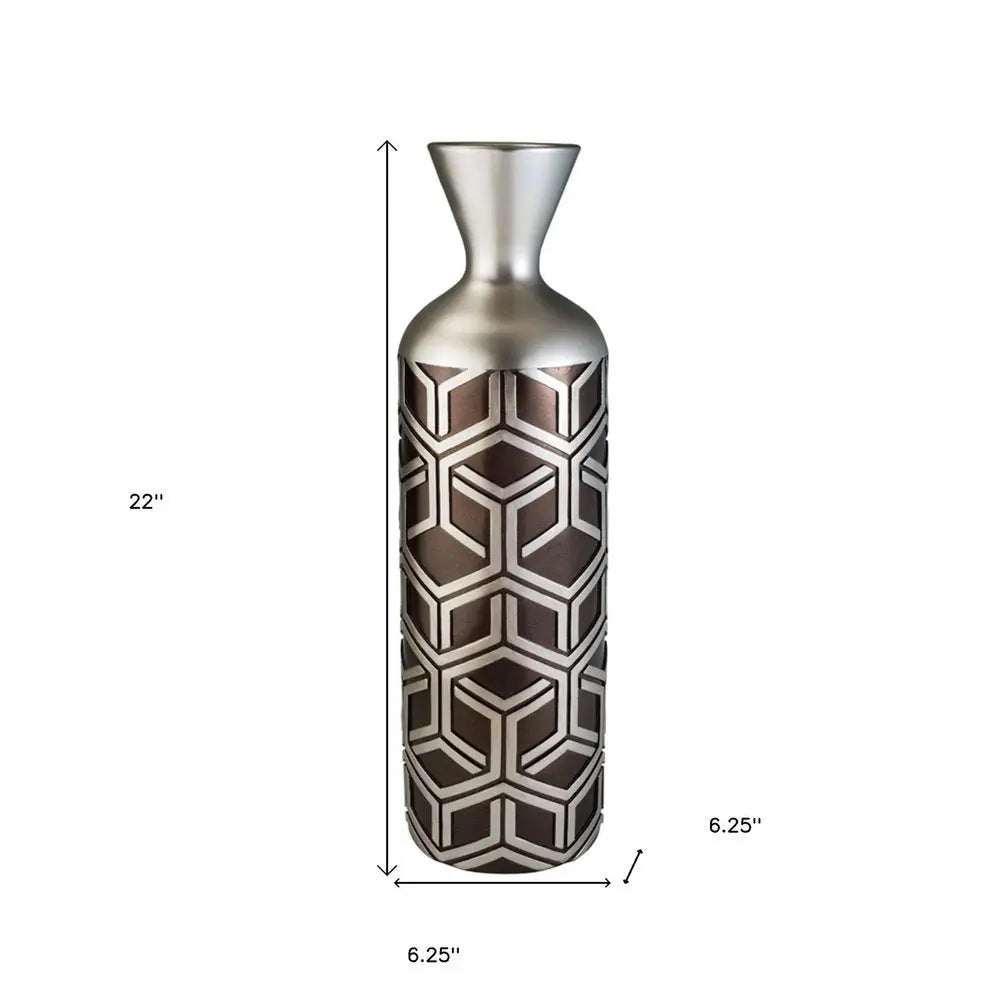 22" Brown and Silver Geometric Cylinder Polyresin Floor Vase - NOBLE HOME INTERIORS