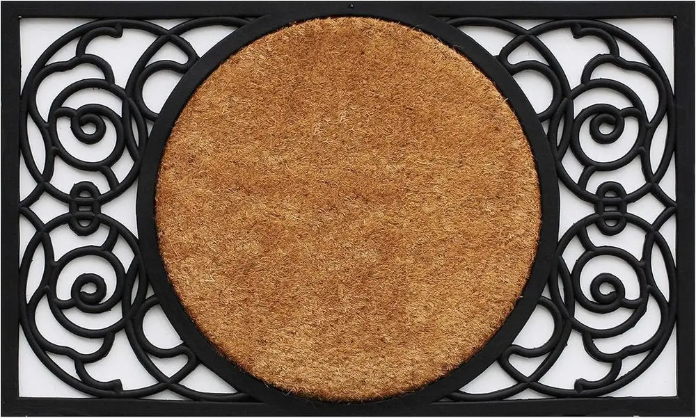 22" X 36" Black And Natural Geo Scrollwork Outdoor Rubber And Coir Door Mat - NOBLE HOME INTERIORS