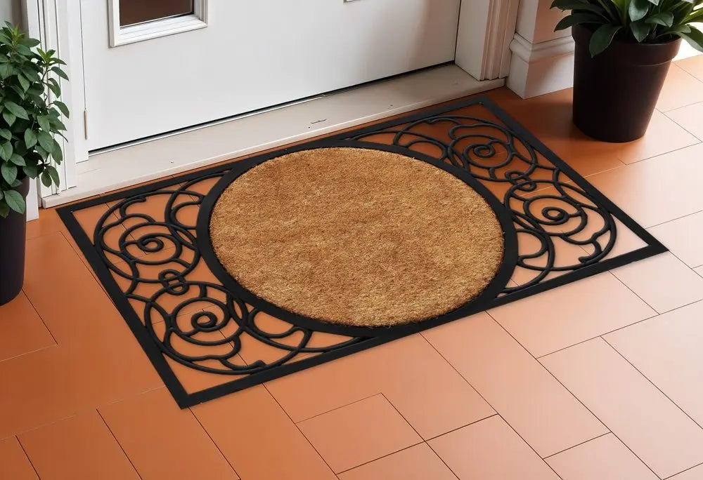 22" X 36" Black And Natural Geo Scrollwork Outdoor Rubber And Coir Door Mat - NOBLE HOME INTERIORS