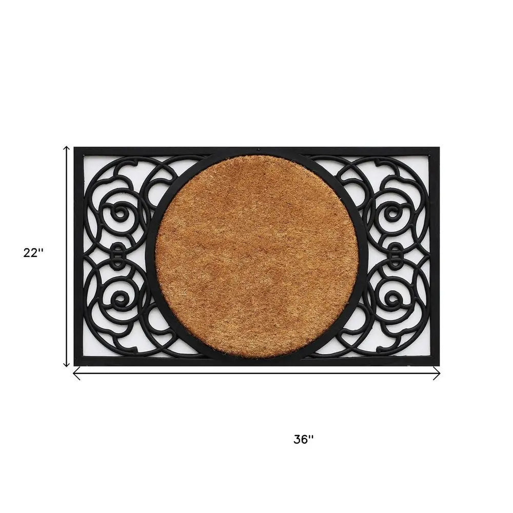 22" X 36" Black And Natural Geo Scrollwork Outdoor Rubber And Coir Door Mat - NOBLE HOME INTERIORS