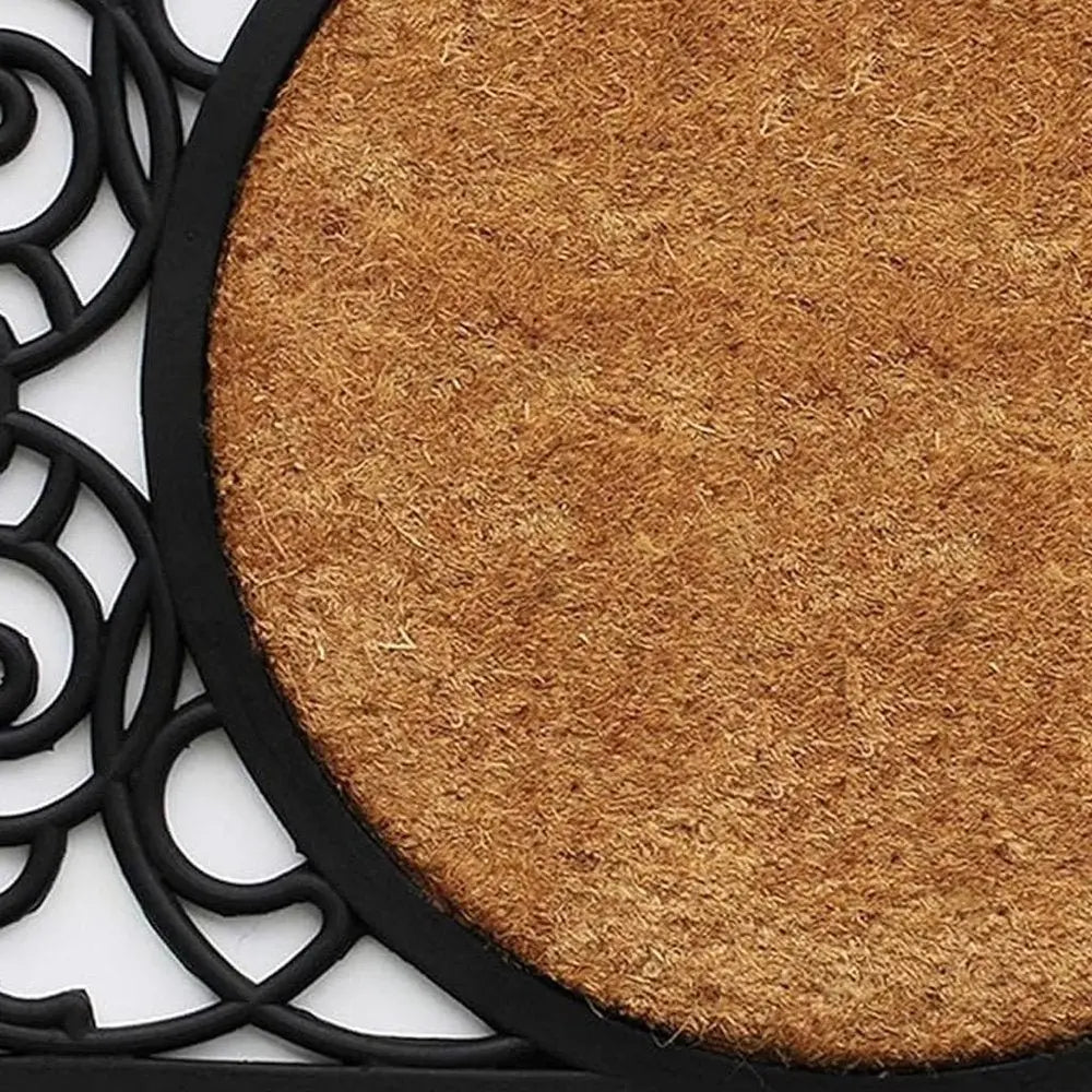 22" X 36" Black And Natural Geo Scrollwork Outdoor Rubber And Coir Door Mat - NOBLE HOME INTERIORS