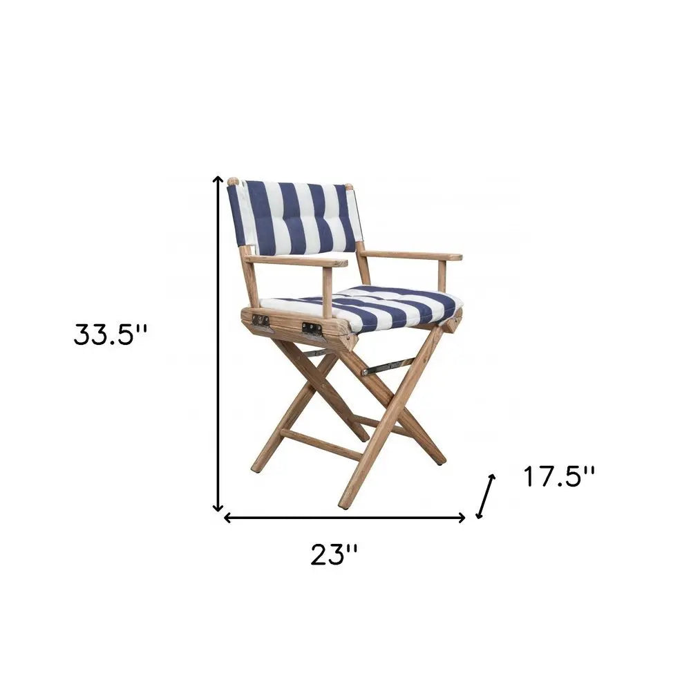 23" Blue and White and Natural Wood Solid Wood Indoor Outdoor Director Chair with Blue and White Cushion - NOBLE HOME INTERIORS