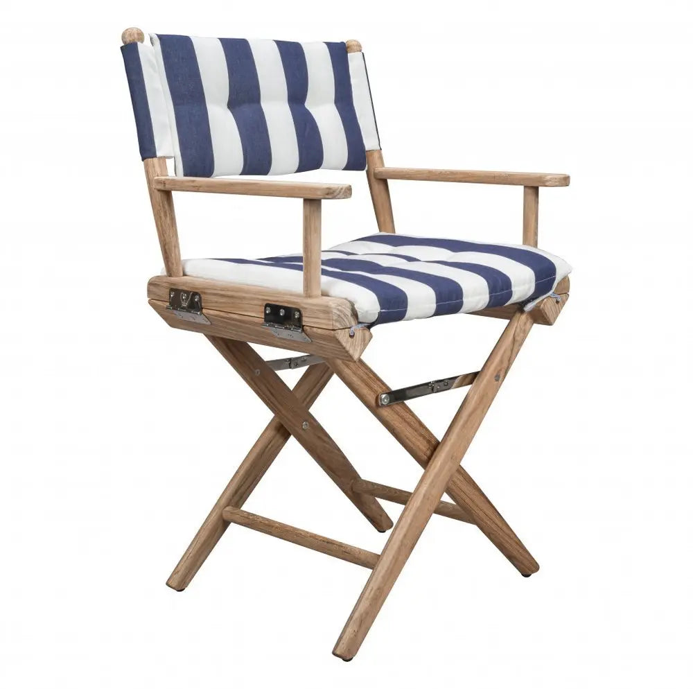 23" Blue and White and Natural Wood Solid Wood Indoor Outdoor Director Chair with Blue and White Cushion - NOBLE HOME INTERIORS