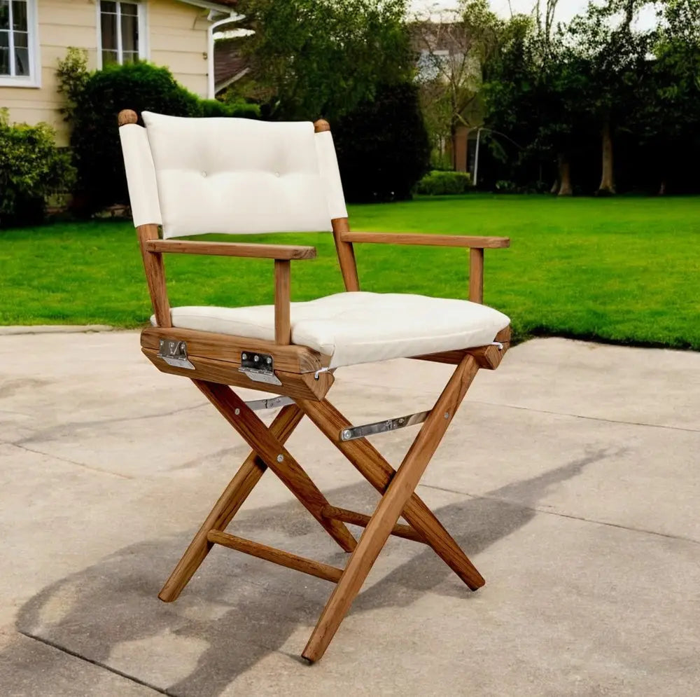 23" Natural Solid Wood Outdoor Folding Director Chair with Cream Cushion - NOBLE HOME INTERIORS
