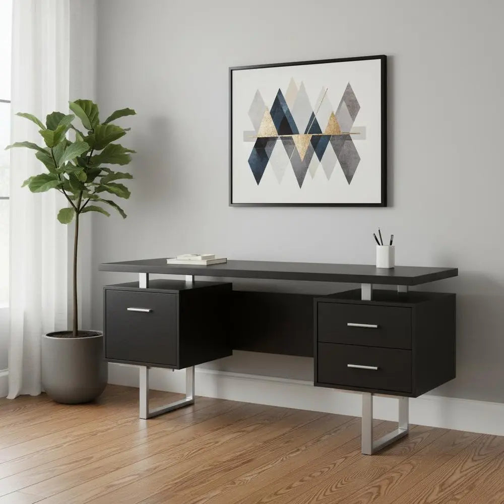 24" Black and Silver Computer Desk With Three Drawers - NOBLE HOME INTERIORS