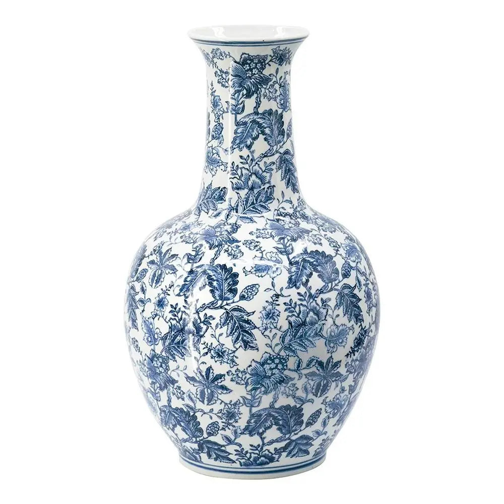 24" Blue And White Floral Curved Porcelain Table Vase - NOBLE HOME INTERIORS