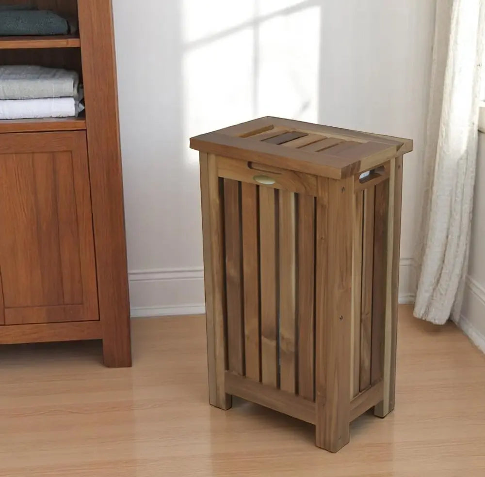 24" Brown Solid Wood Laundry Hamper With Lid - NOBLE HOME INTERIORS