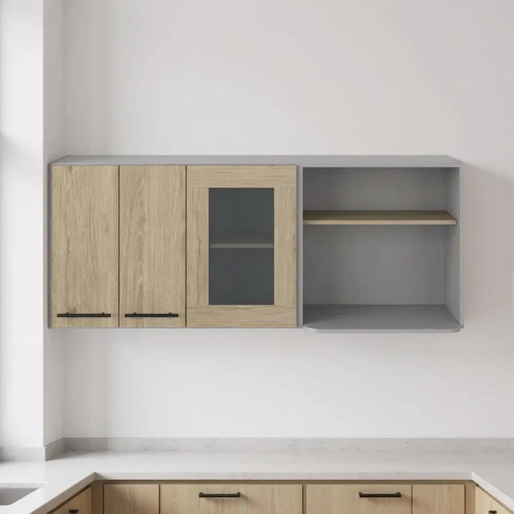 24" Gray and Natural Wood Wall Mounted Kitchen Cabinet With Three Doors - NOVA HOME FURNITURE