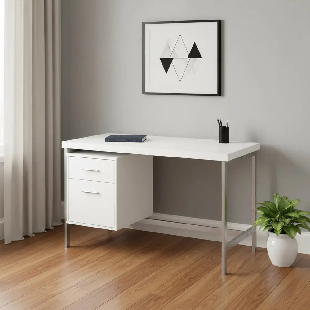 24" White and Silver Computer Desk With Two Drawers - NOBLE HOME INTERIORS