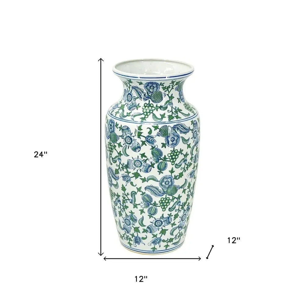 24" White Blue And Green And White Chinoiserie Porcelain Table Vase - NOBLE HOME INTERIORS