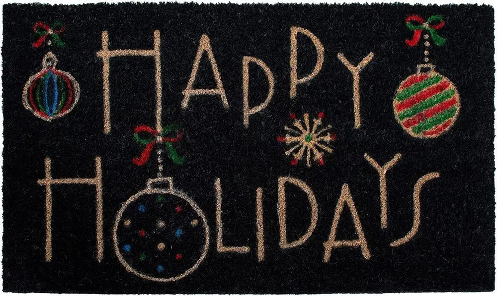 24" X 36" Black and Natural Coir Happy Holidays Outdoor Christmas Door Mat - NOBLE HOME INTERIORS