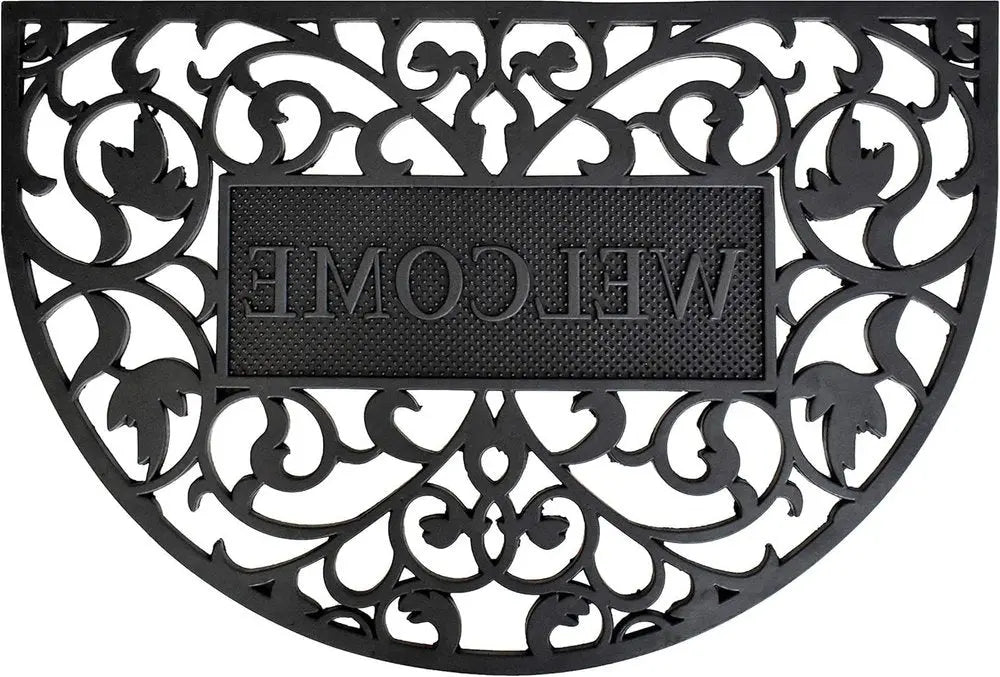 24" X 36" Black Scrollwork Welcome Semi Circle Outdoor Rubber Door Mat - NOBLE HOME INTERIORS