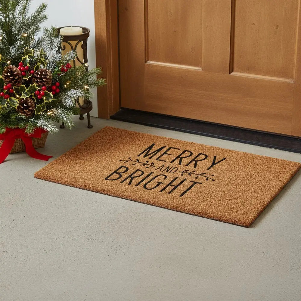 24" X 36" Brown And Black Christmas Merry and Bright Outdoor Coir Door Mat - NOVA HOME FURNITURE