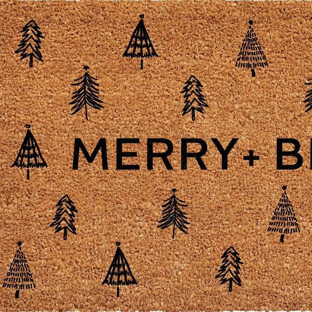 24" X 36" Brown And Black Christmas Trees Merry and Bright Outdoor Coir Door Mat - NOVA HOME FURNITURE