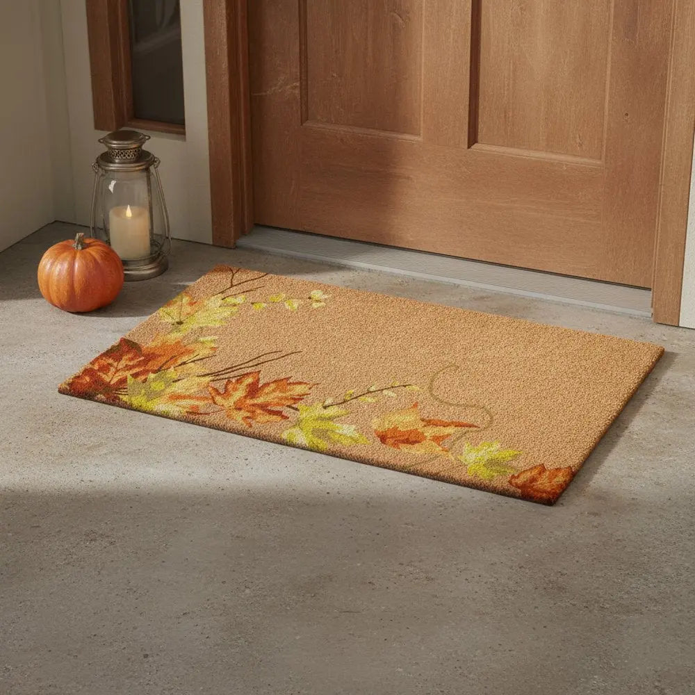 24" X 36" Brown And Natural Fall Leaves Outdoor Coir Door Mat - NOBLE HOME INTERIORS