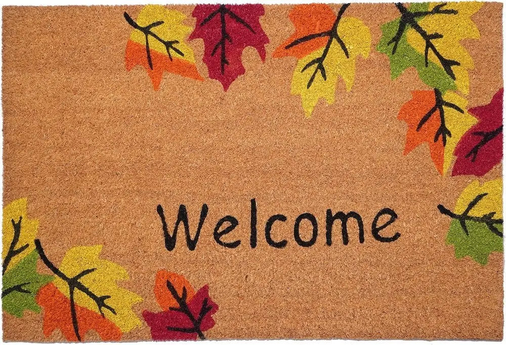 24" X 36" Brown And Natural Fall Leaves Welcome Outdoor Coir Door Mat - NOBLE HOME INTERIORS
