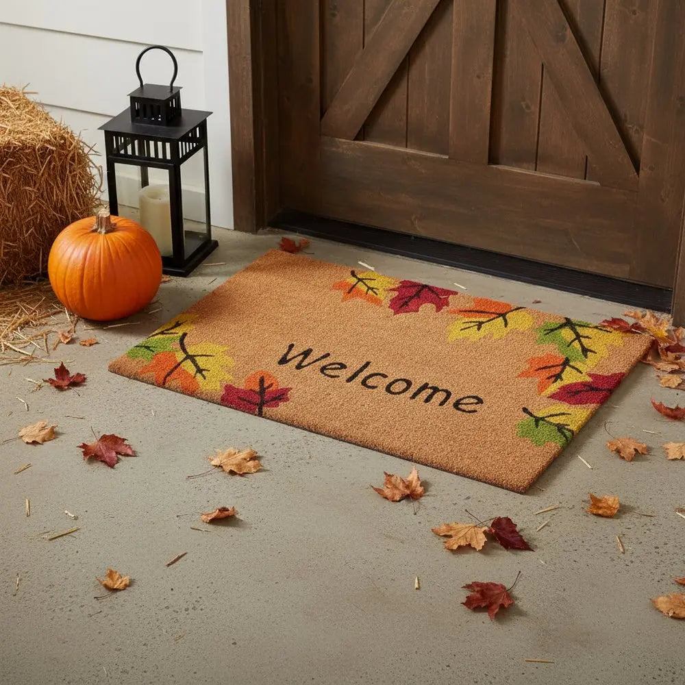 24" X 36" Brown And Natural Fall Leaves Welcome Outdoor Coir Door Mat - NOBLE HOME INTERIORS