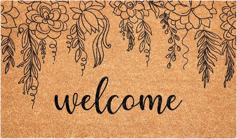 24" X 36" Brown And Natural Floral Welcome Outdoor Coir Door Mat - NOVA HOME FURNITURE