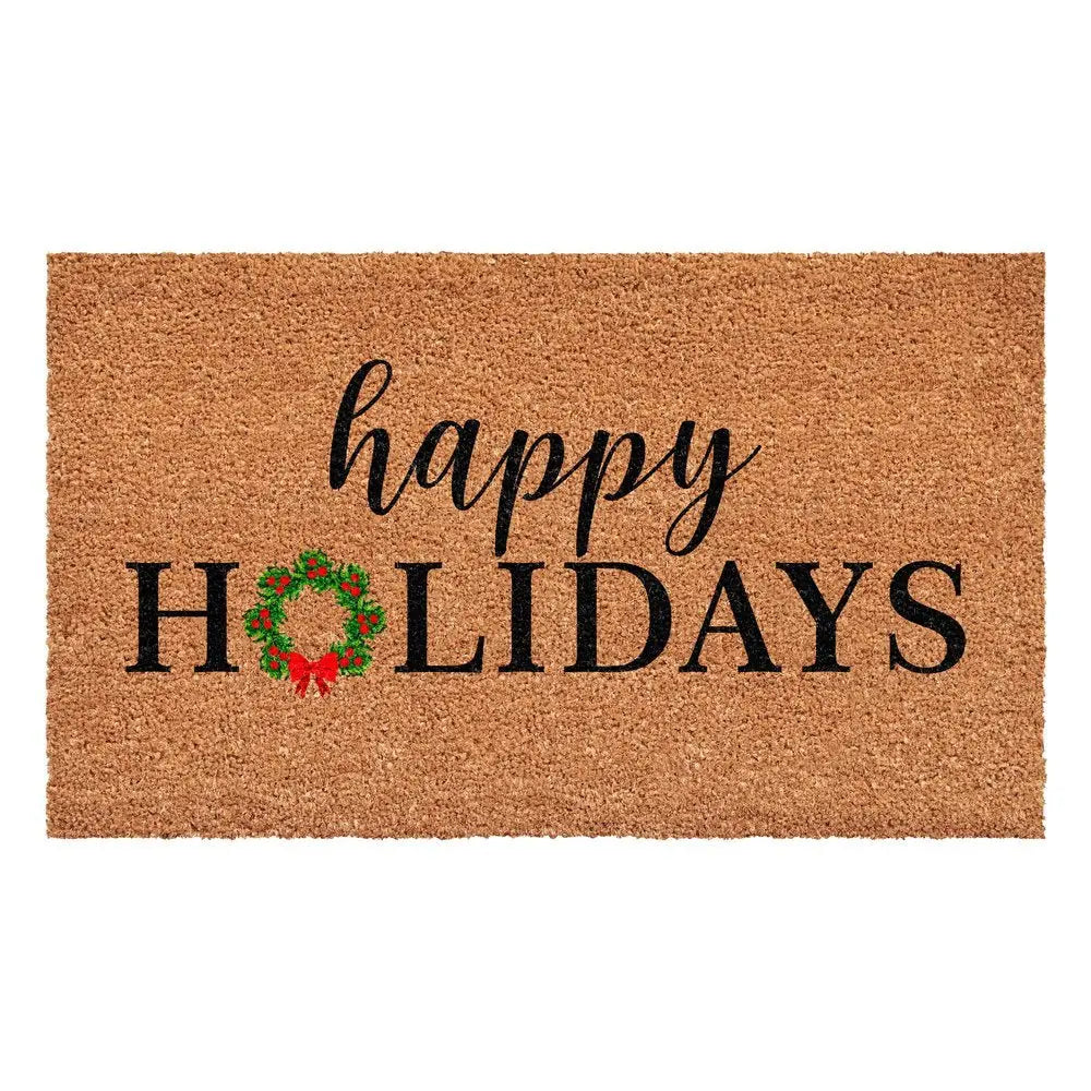 24" X 36" Brown Black And Green Christmas Happy Holidays Outdoor Coir Door Mat - NOVA HOME FURNITURE