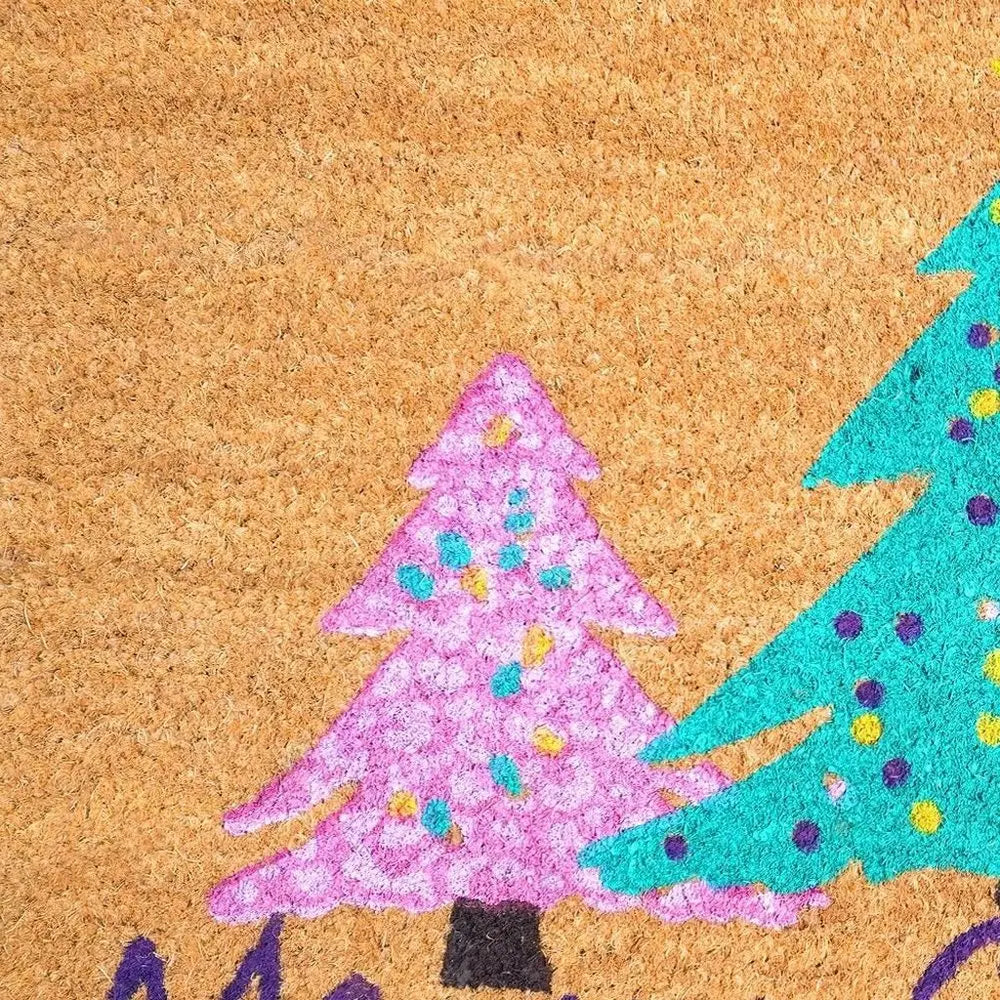 24" X 36" Brown Green And Pink Christmas Trees Merry Christmas Outdoor Coir Door Mat - NOVA HOME FURNITURE