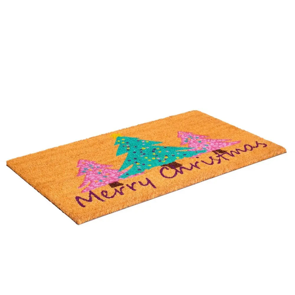 24" X 36" Brown Green And Pink Christmas Trees Merry Christmas Outdoor Coir Door Mat - NOVA HOME FURNITURE