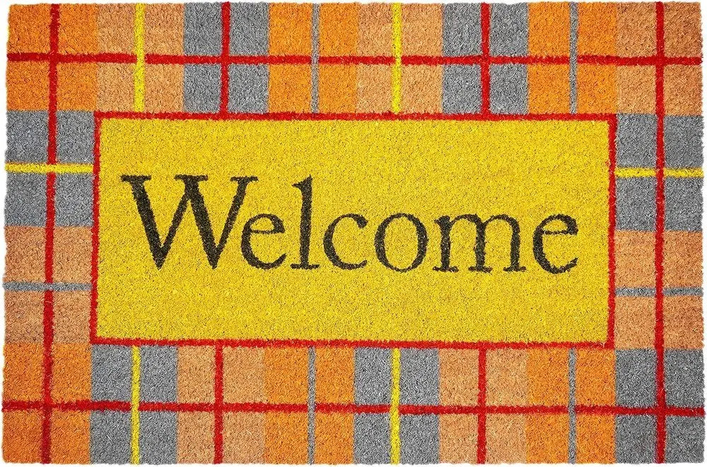 24" X 36" Gray Orange And Yellow Fall Plaid Welcome Outdoor Coir Door Mat - NOBLE HOME INTERIORS