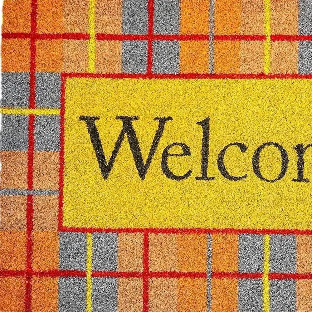 24" X 36" Gray Orange And Yellow Fall Plaid Welcome Outdoor Coir Door Mat - NOBLE HOME INTERIORS