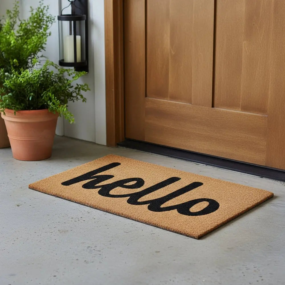 24" X 36" Natural And Black Bold Hello Outdoor Coir Door Mat - NOBLE HOME INTERIORS