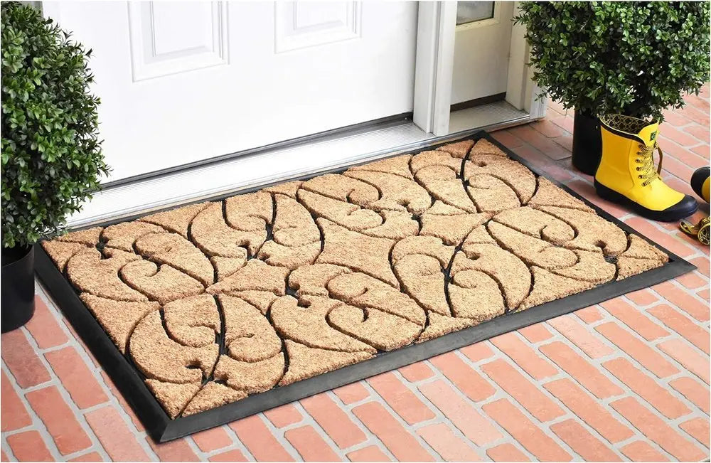 24" X 36" Natural and Black Coir Botanical Leaves Outdoor Door Mat - NOBLE HOME INTERIORS