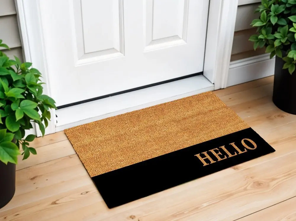 24" X 36" Natural And Black Color Block Hello Outdoor Coir Door Mat - NOBLE HOME INTERIORS