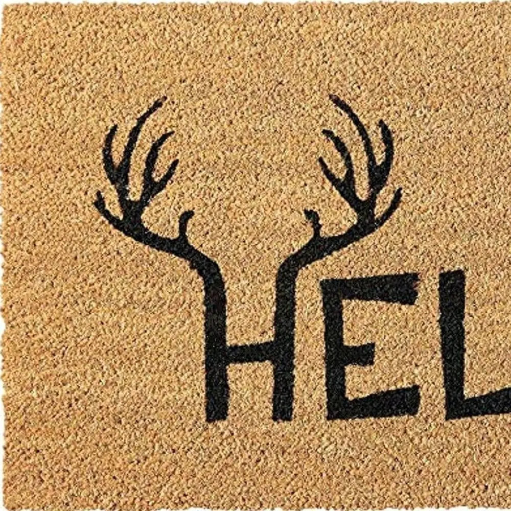 24" X 36" Natural And Black Hello With Antlers Outdoor Coir Door Mat - NOVA HOME FURNITURE