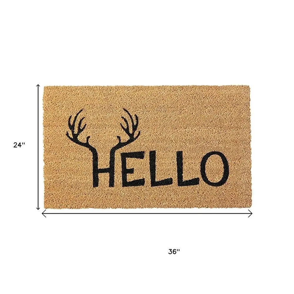 24" X 36" Natural And Black Hello With Antlers Outdoor Coir Door Mat - NOVA HOME FURNITURE
