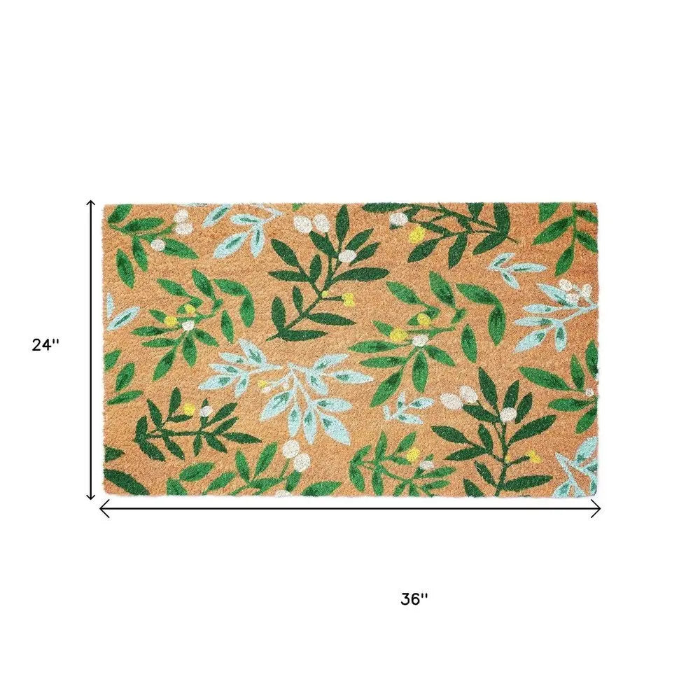 24" X 36" Natural And Green Botanical Leaves Outdoor Coir Door Mat - NOBLE HOME INTERIORS