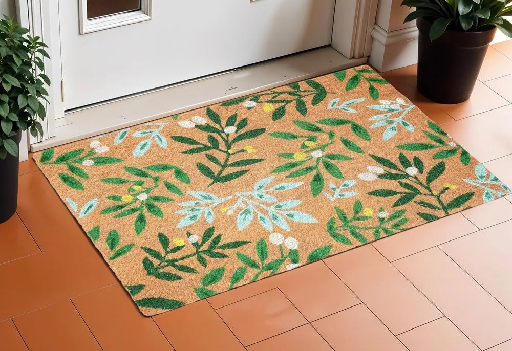 24" X 36" Natural And Green Botanical Leaves Outdoor Coir Door Mat - NOBLE HOME INTERIORS