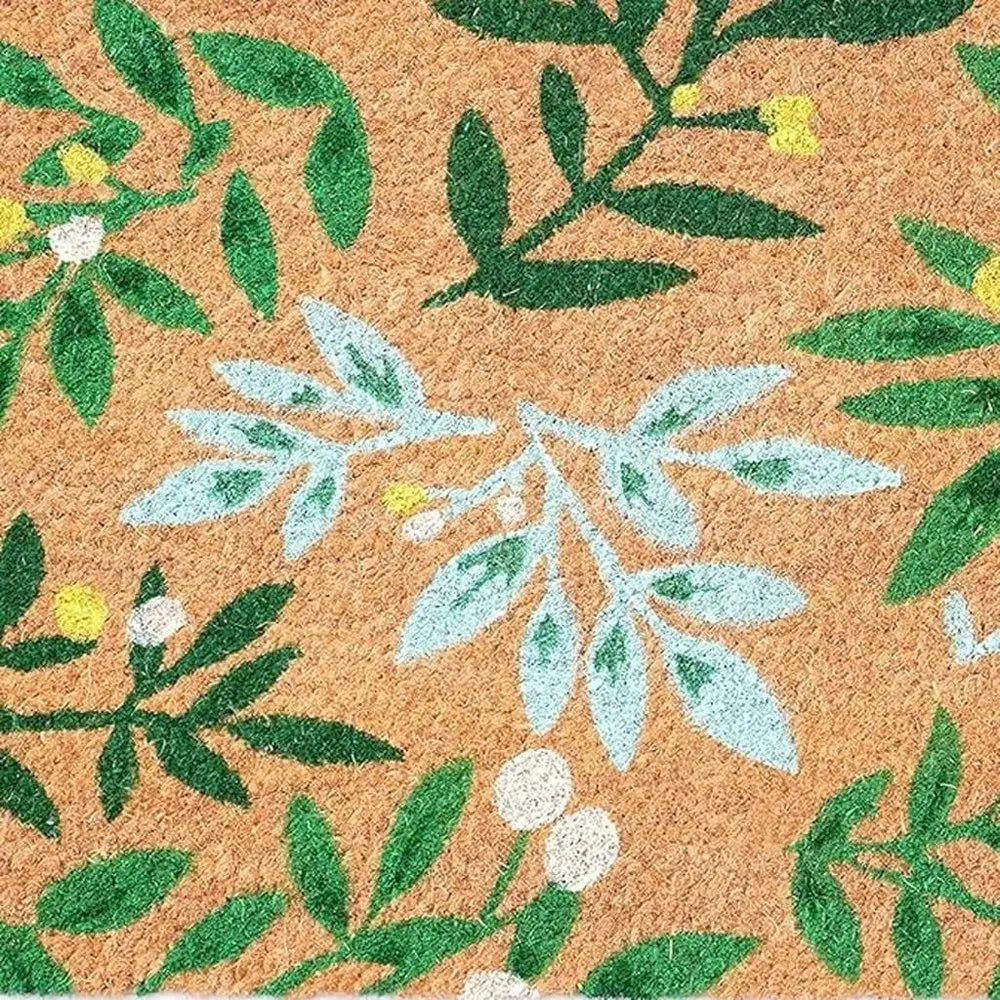 24" X 36" Natural And Green Botanical Leaves Outdoor Coir Door Mat - NOBLE HOME INTERIORS