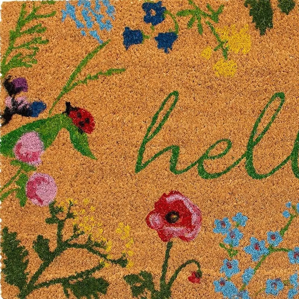 24" X 36" Natural and Green Coir Floral Hello Outdoor Door Mat - NOBLE HOME INTERIORS