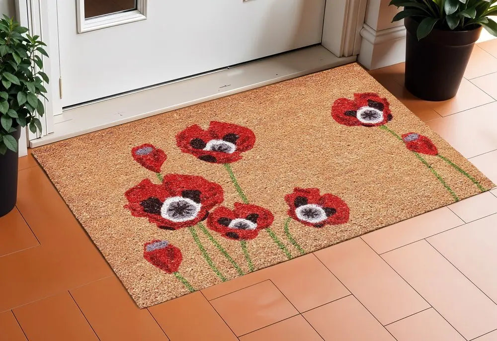24" X 36" Natural And Red Coir Floral Outdoor Door Mat - NOBLE HOME INTERIORS