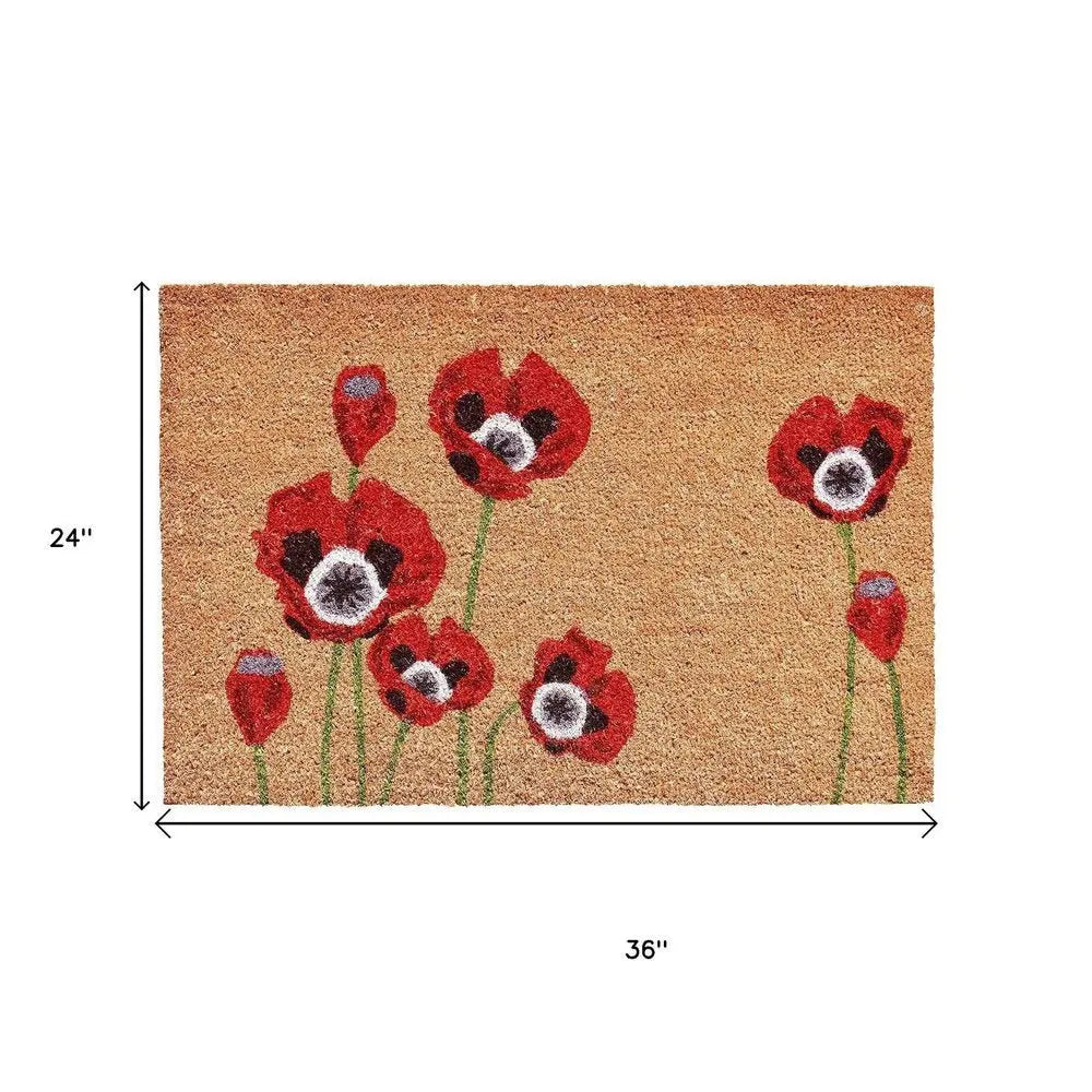 24" X 36" Natural And Red Coir Floral Outdoor Door Mat - NOBLE HOME INTERIORS