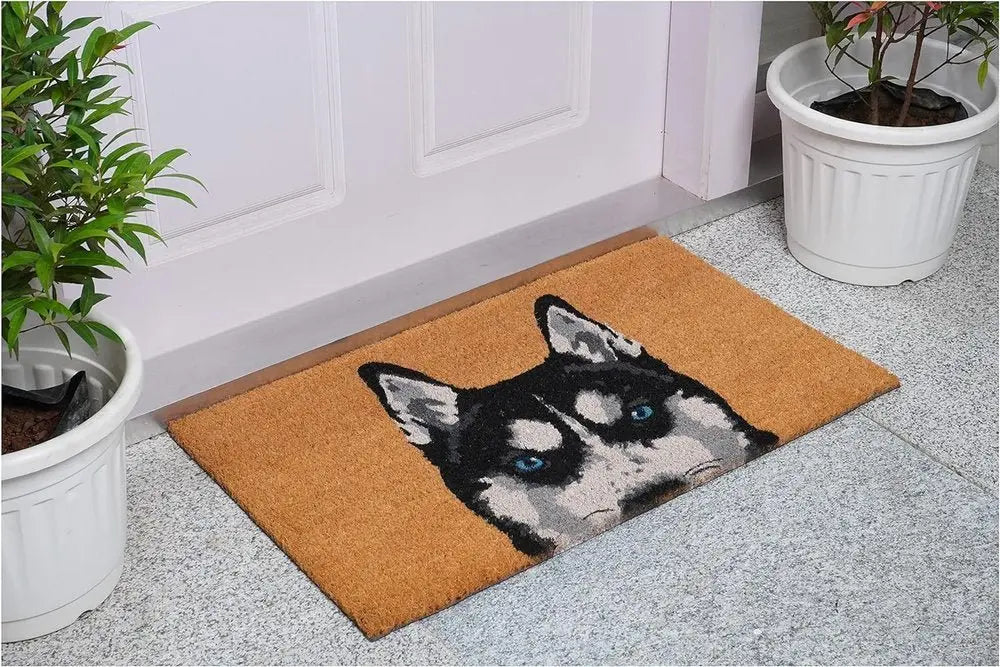 24" X 36" Natural Black and White Coir Siberian Husky Outdoor Door Mat - NOBLE HOME INTERIORS