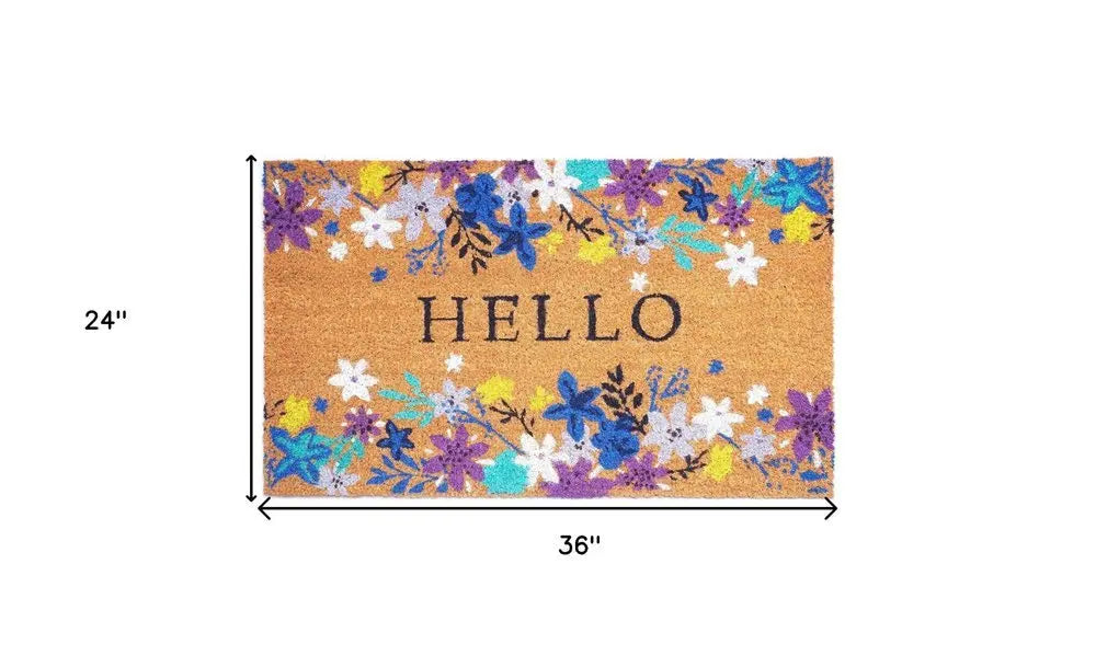 24" X 36" Natural Blue and Purple Coir Floral Hello Outdoor Door Mat - NOBLE HOME INTERIORS