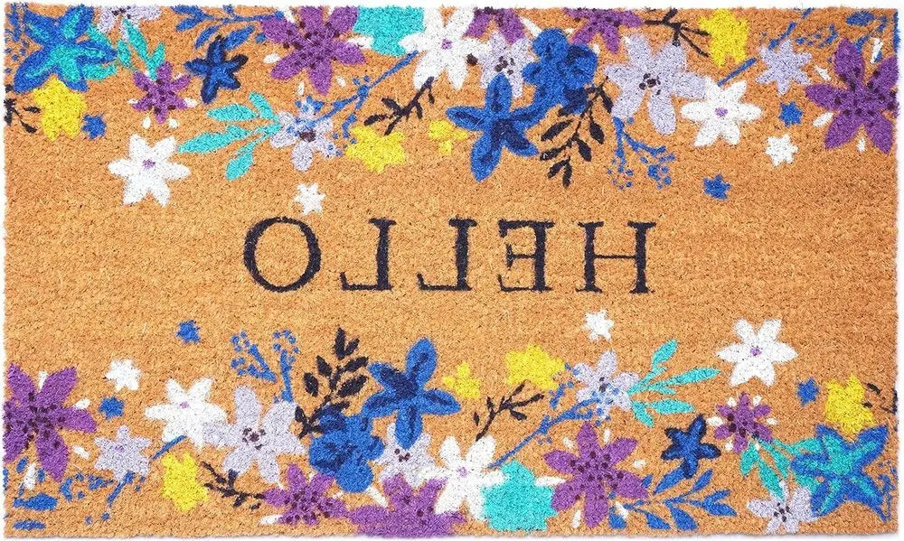 24" X 36" Natural Blue and Purple Coir Floral Hello Outdoor Door Mat - NOBLE HOME INTERIORS